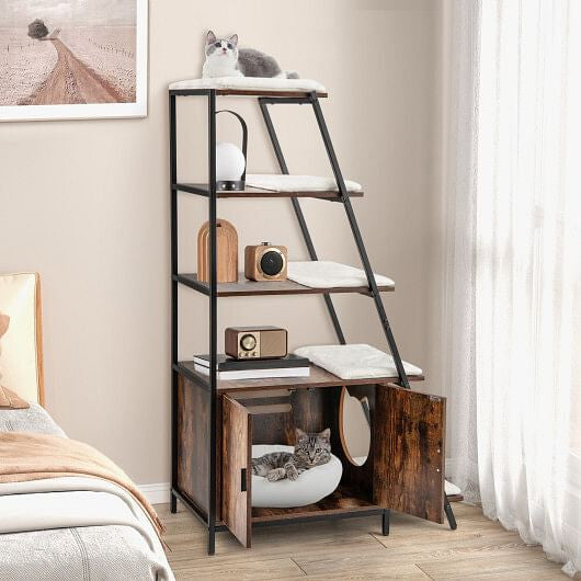 Large Cat Litter Box Enclosure with Storage and Ladder Shelf-White